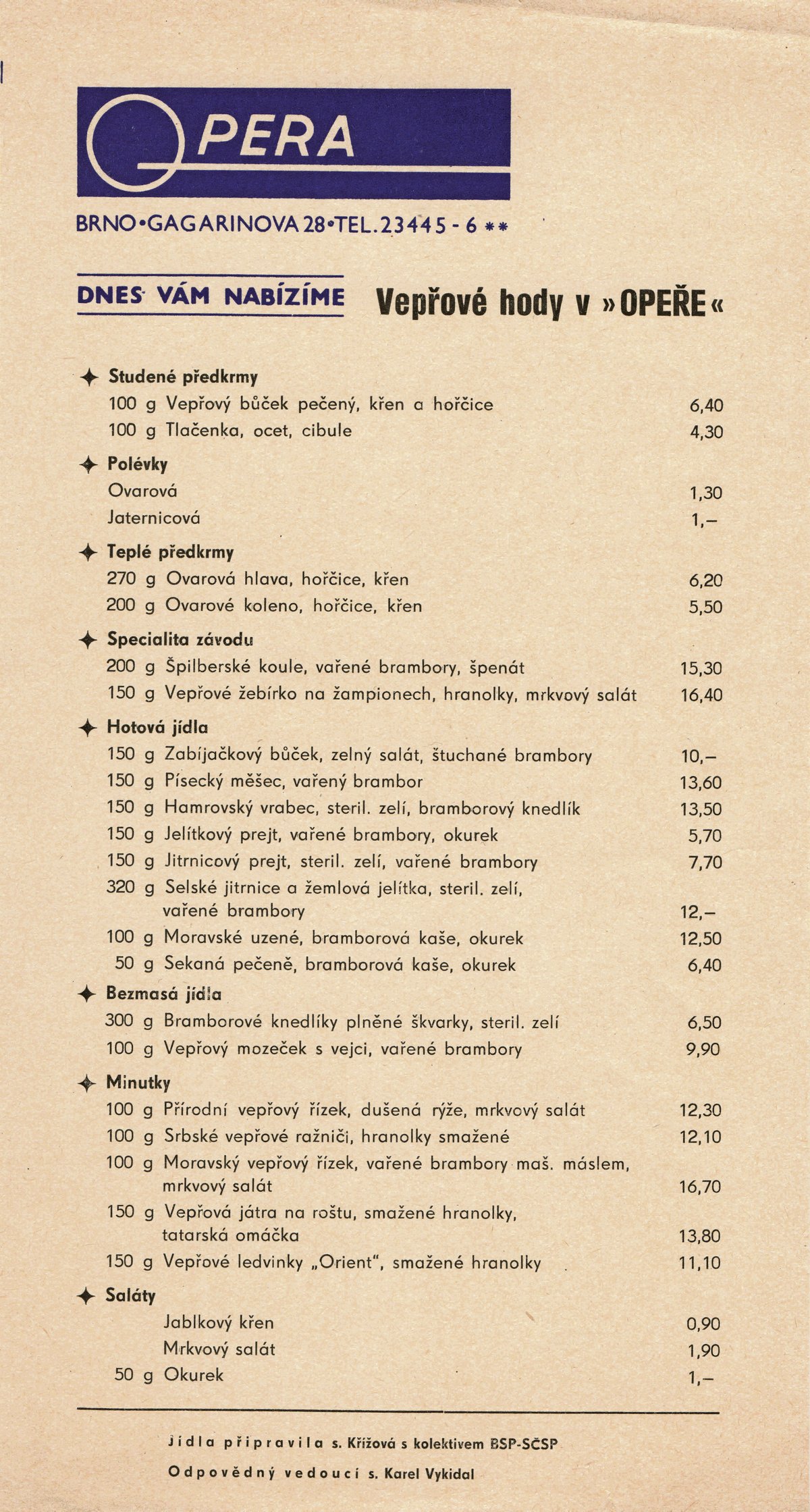 Jídelní lístek kavárny Opera z 80. let
