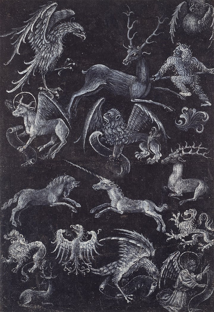 Hornorýnský mistr, Vzorový list se symboly evangelistů, různých zvířat a divokého člověka, kolem 1430–1440