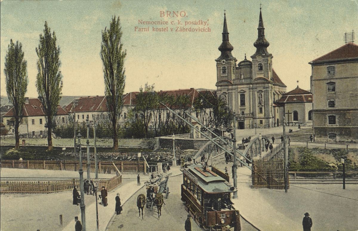 Křížení Staré Tišnovky s ulicí Cejl na pohlednici z konce 19. století