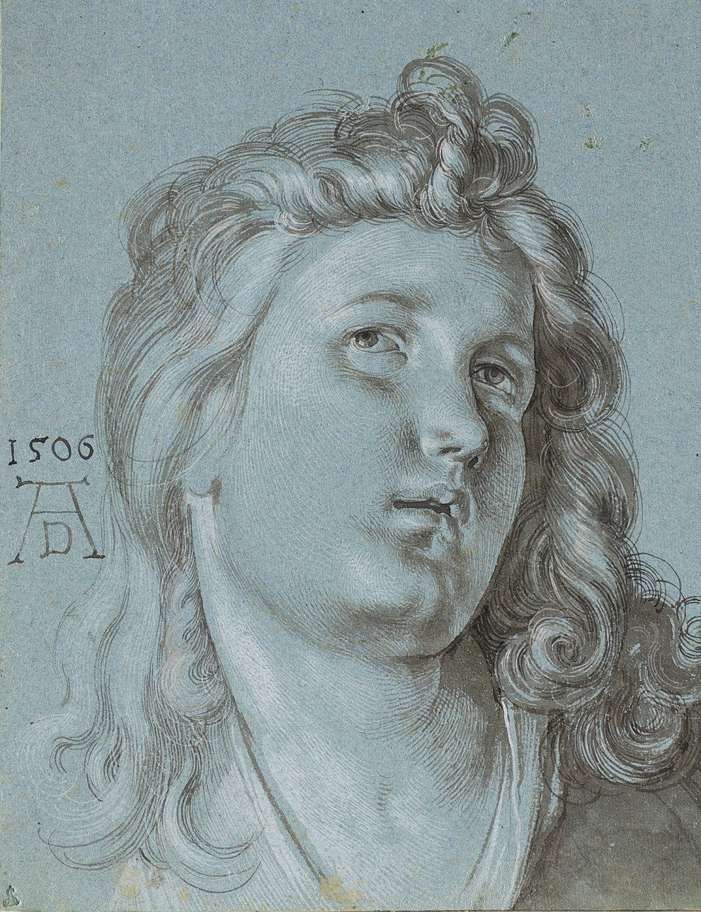 Albrecht Dürer, Hlava anděla hrajícího na loutnu (detail obrazu Růžencová slavnost), 1506