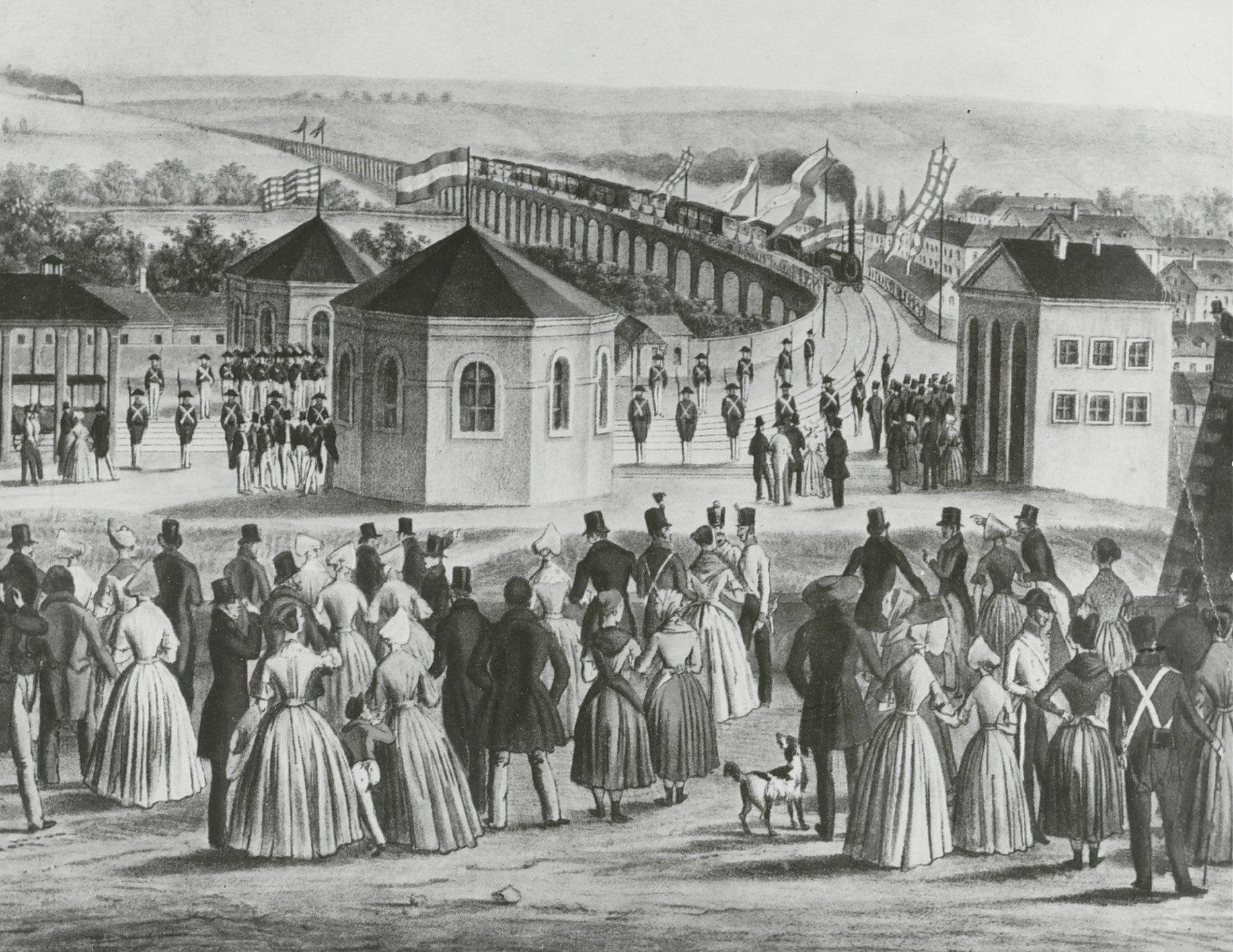 Slavnostní příjezd prvního vlaku na první brněnské nádraží. 