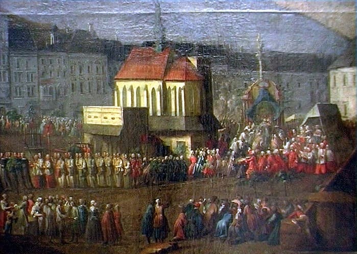 Kostel sv. Mikuláše na vedutě F. V. Korompaye z poloviny 18. stol