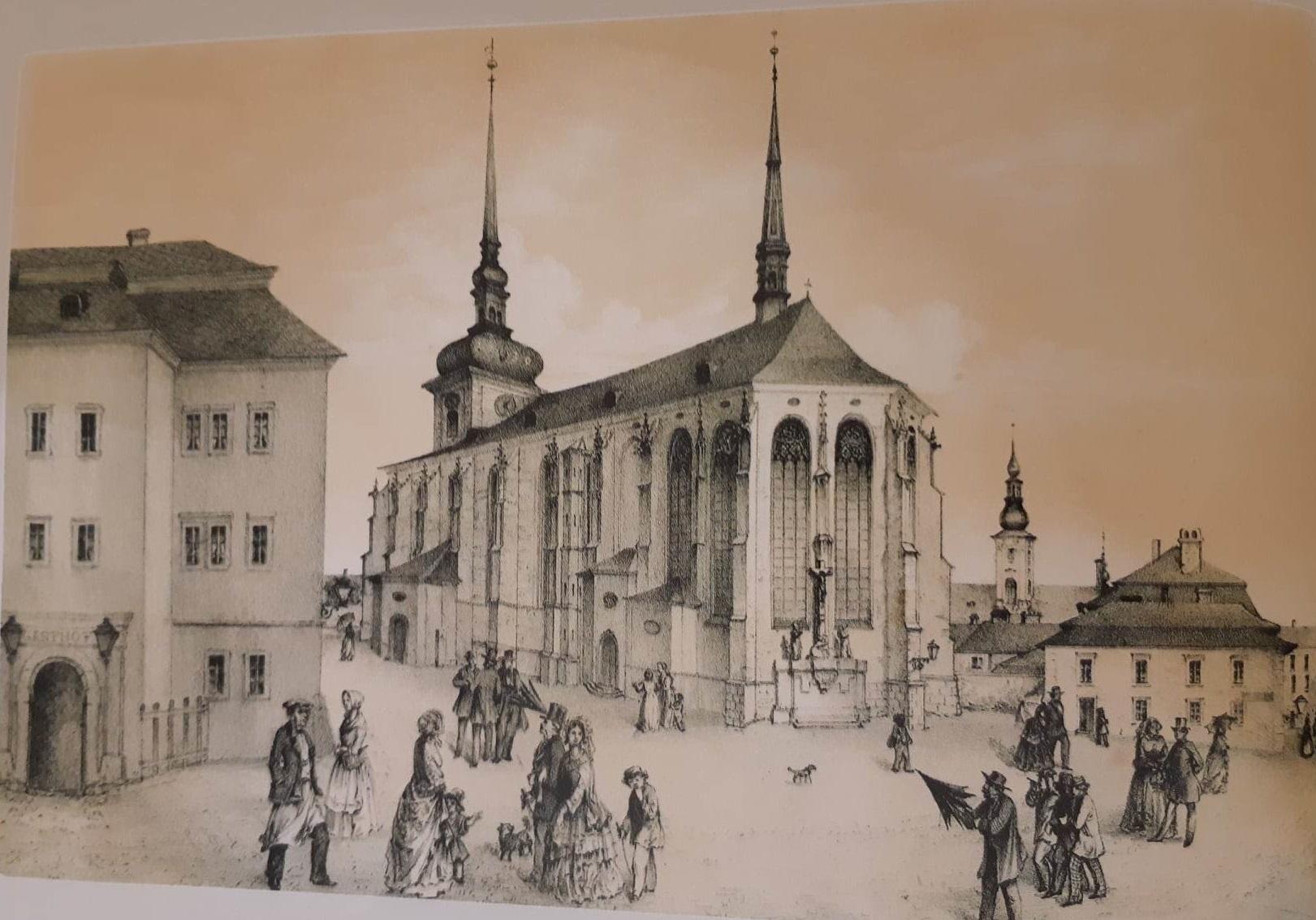 Jakubské náměstí na rytině ještě s původním hostincem U černého medvěda (vlevo).