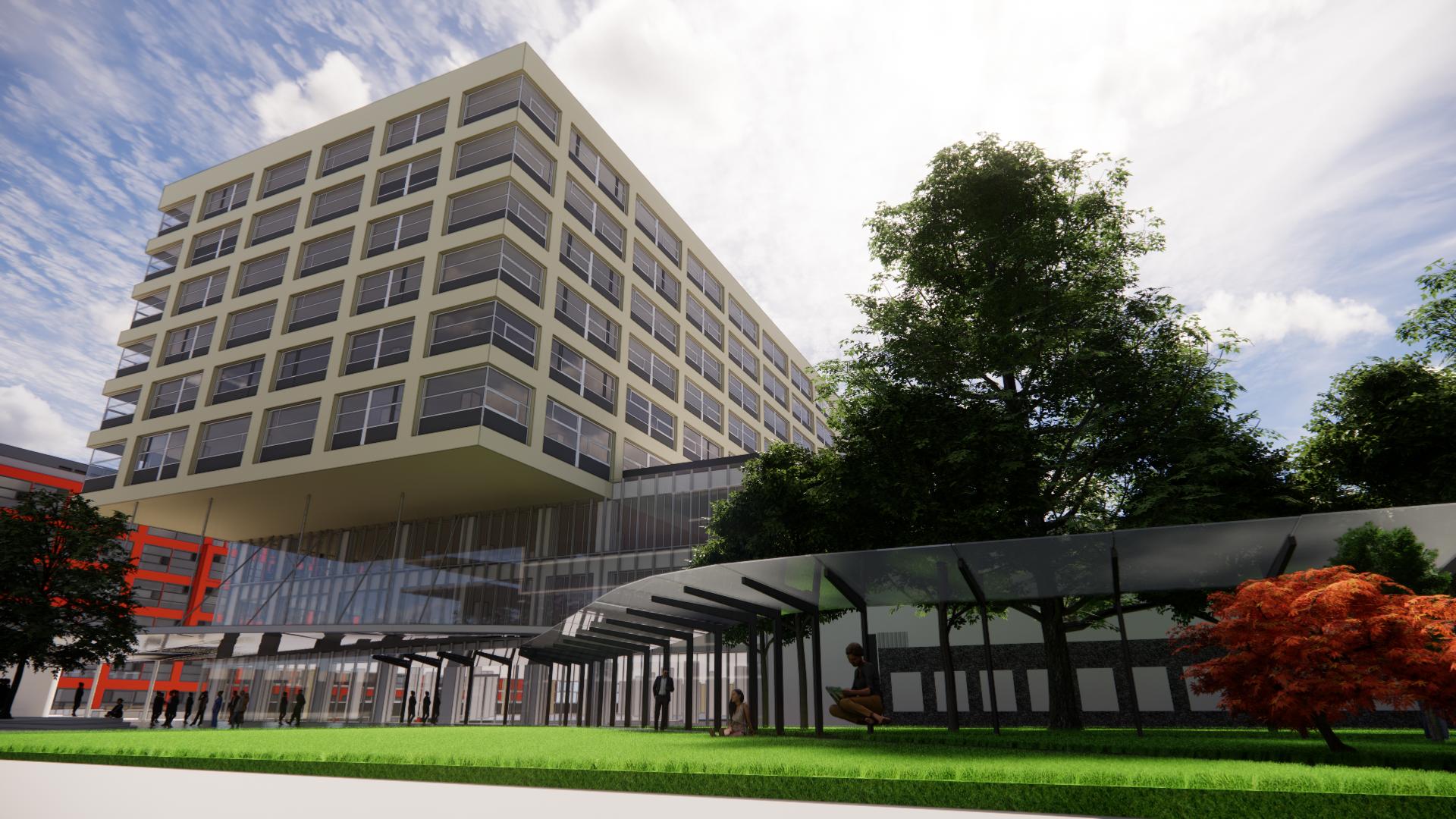 Vizualizace budovy Gynekologicko-porodnické kliniky.