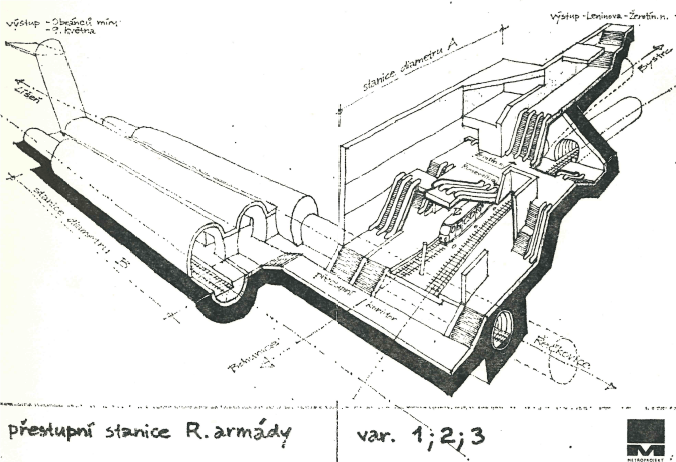  Řešení víceúrovňového přestupního uzlu rychlé tramvaje na Moravském náměstí z roku 1982