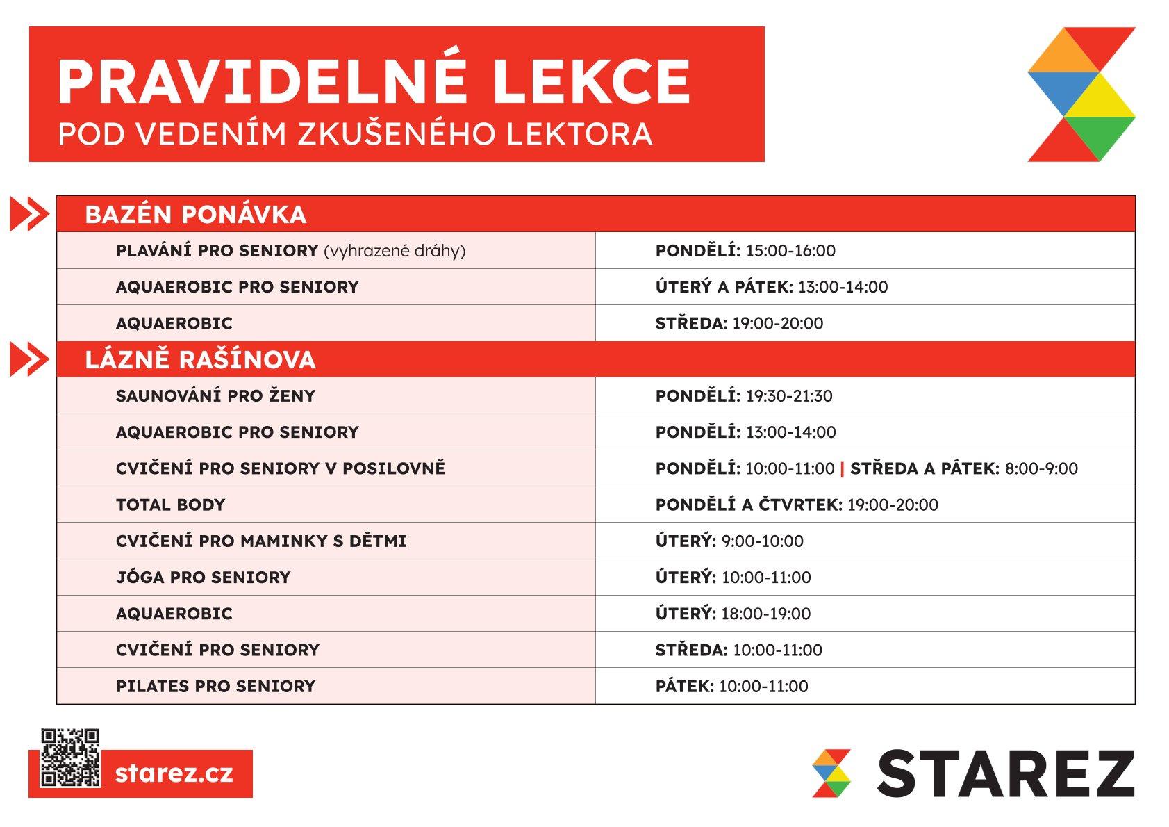 Rozpis pravidelných lekcí v Lázních Rašínova a na Ponávce.