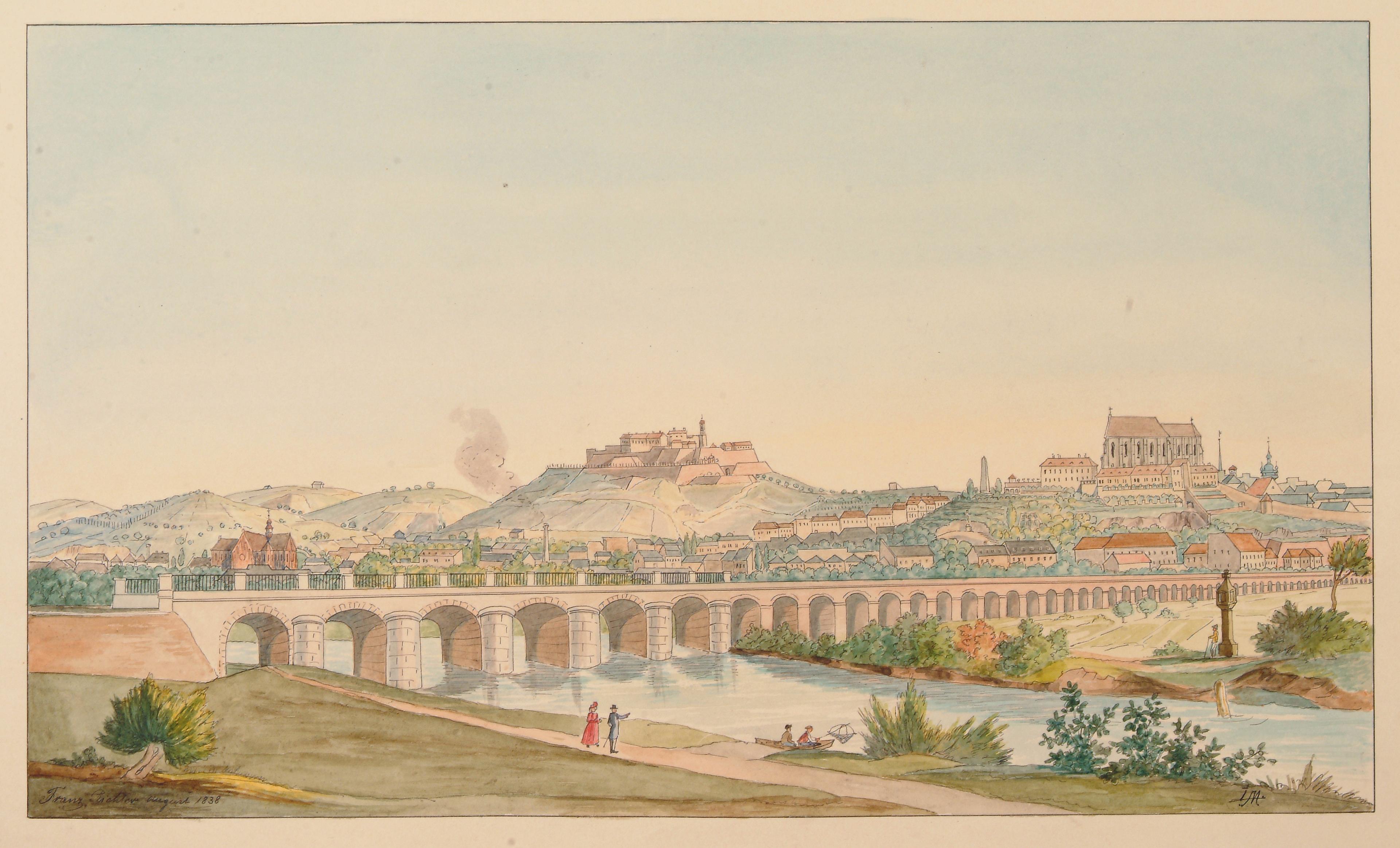 Železniční viadukt Brno 1838, dobová kresba.