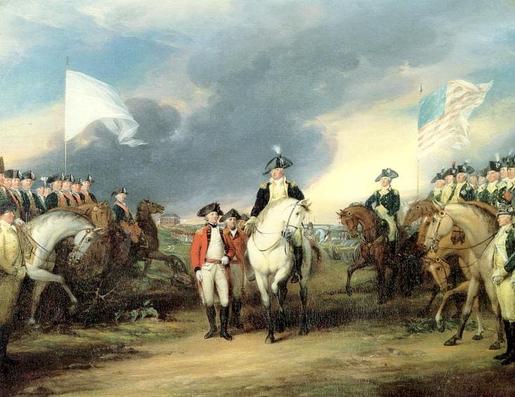 Kapitulace britského generála Cornwallise u Yorktownu v roce 1781 – klíčový okamžik americké války za nezávislost. Kapitulace britského generála Cornwallise u Yorktownu v roce 1781 – klíčový okamžik americké války za nezávislost.