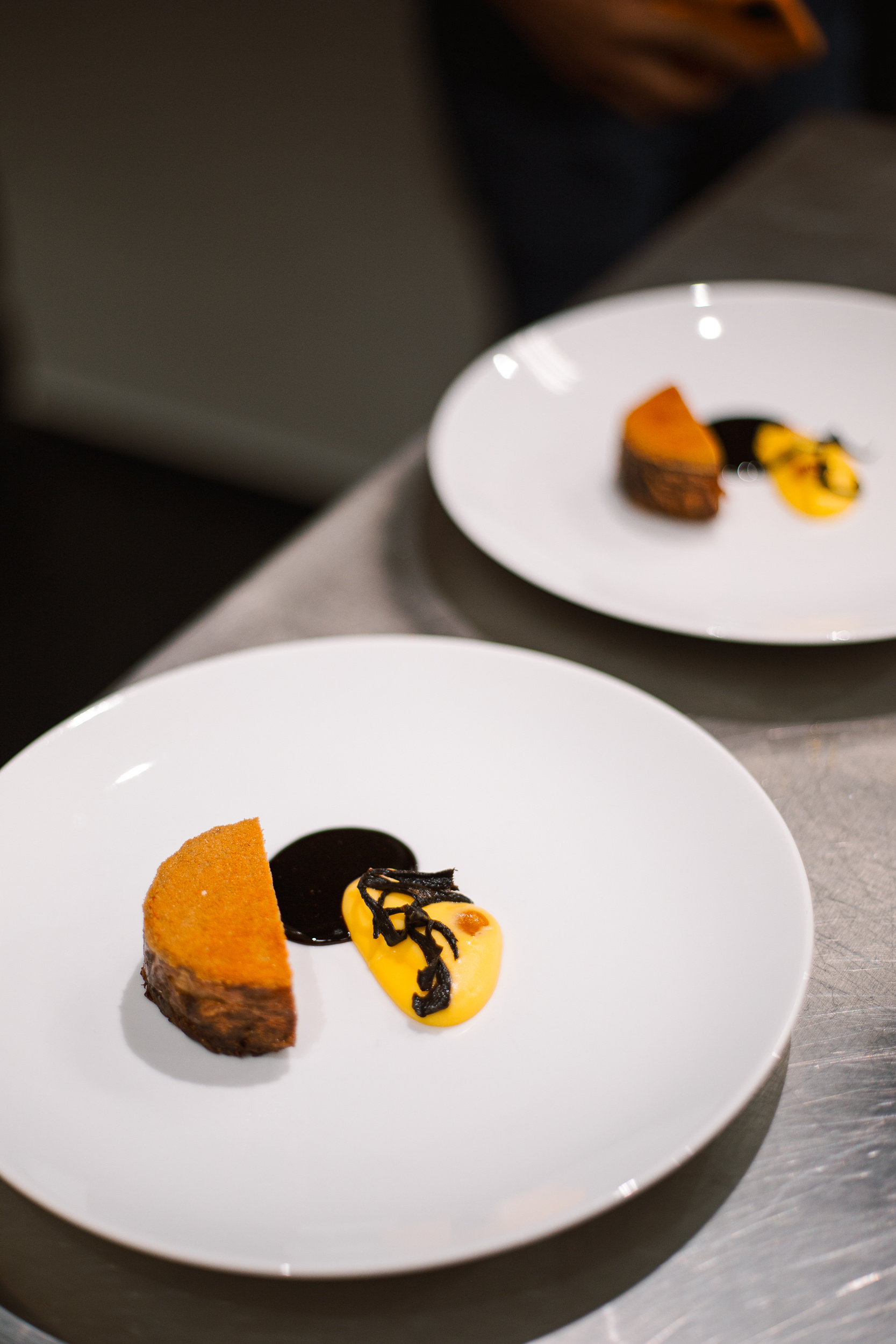 „Elegantně naservírované jídlo na bílém talíři s dýňovým pyré a tmavou omáčkou.