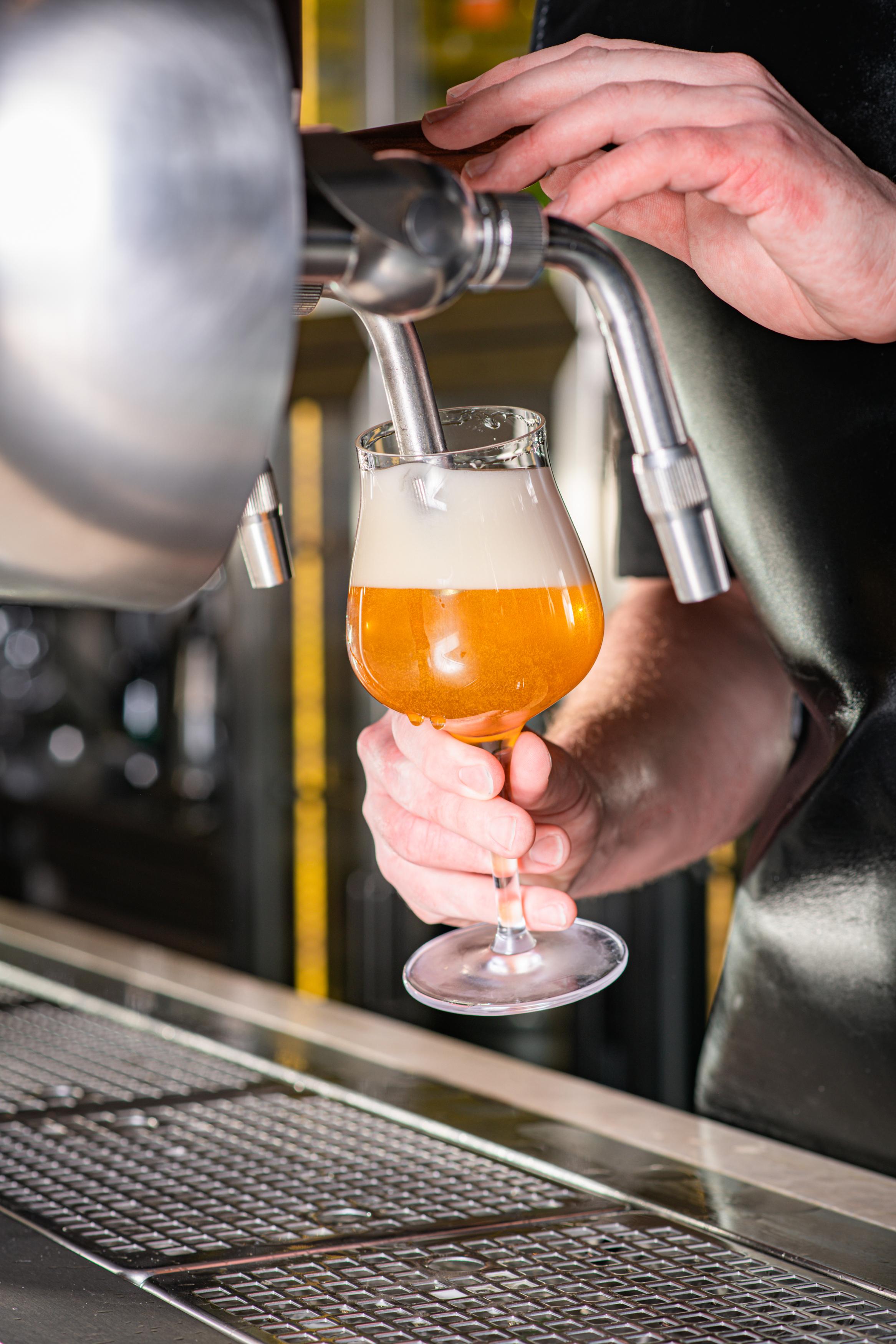 Číšník čepuje světlé pivo do sklenice s pěnou u výčepu.