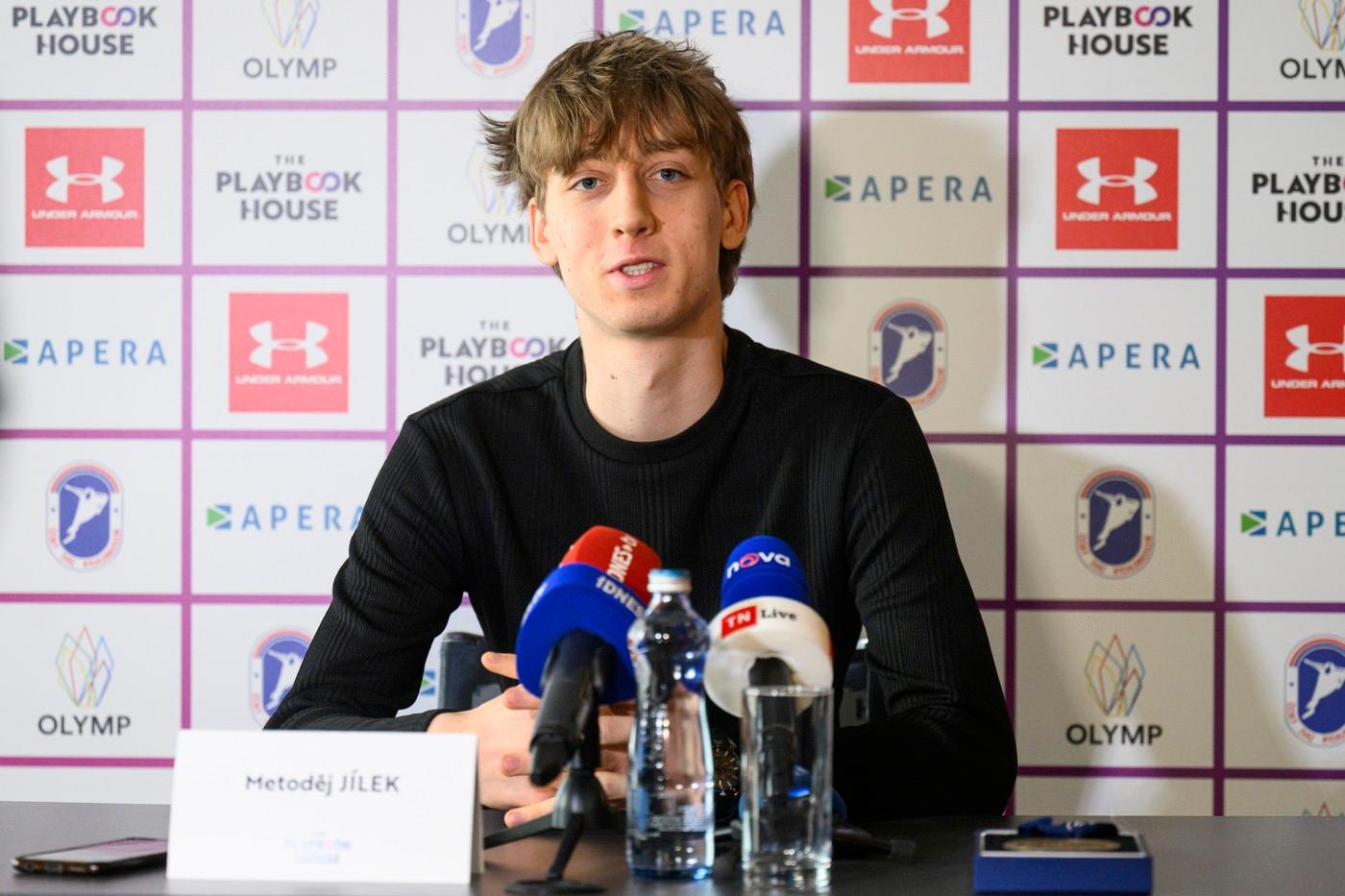 Rychlobruslař Metoděj Jílek na tiskové konferenci po skončení sezony, 20. března 2025, Praha.
