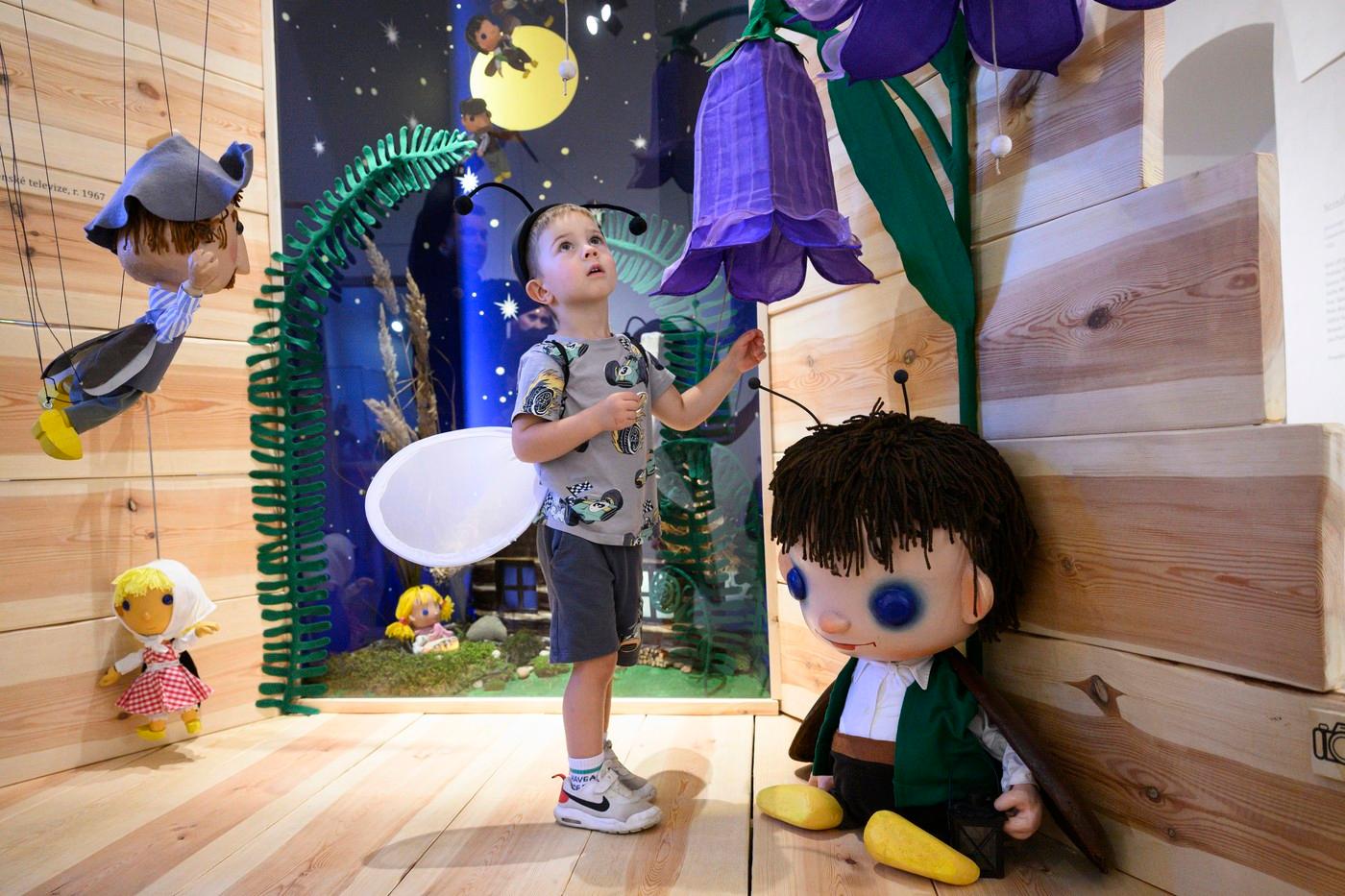 Návštěvník si prohlíží výstavu Broučci a loutkový svět Zdeňka Podhůrského při slavnostním zahájení v prostorách kladenského zámku.