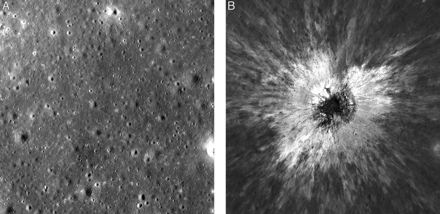 Tato koláž snímků pořízených sondou Lunar Reconnaissance Orbiter agentury NASA zachycuje stejnou oblast na povrchu Měsíce před a po vzniku nově objeveného kráteru v květnu 2024