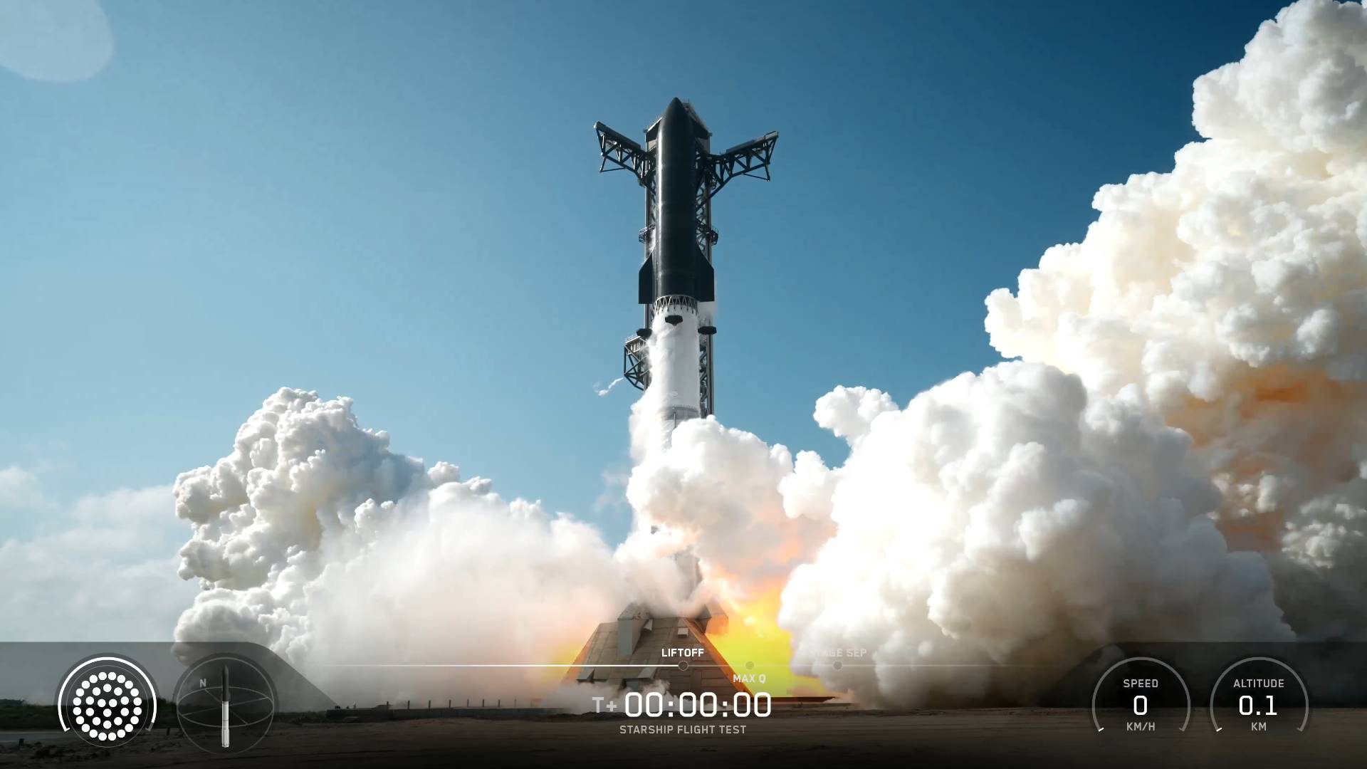 Dosud největší a nejvýkonnější raketa typu Starship právě startuje. Dosud největší a nejvýkonnější raketa typu Starship právě startuje.
