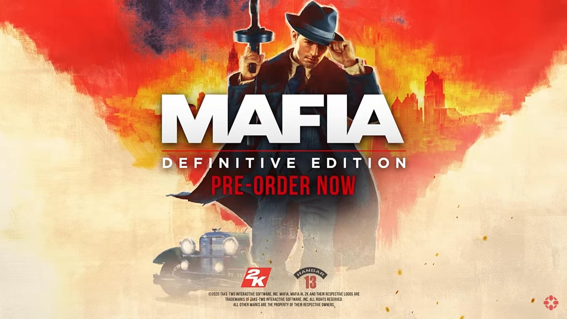 Snímek z oficiálního traileru na Mafia: Definitive Edition. Remake slavné české hry se v roce 2020 představil v novém grafickém kabátě. Na obrázku je hlavní postava Tommy Angelo, za ním hořící město Lost Heaven a legendární dobový vůz.