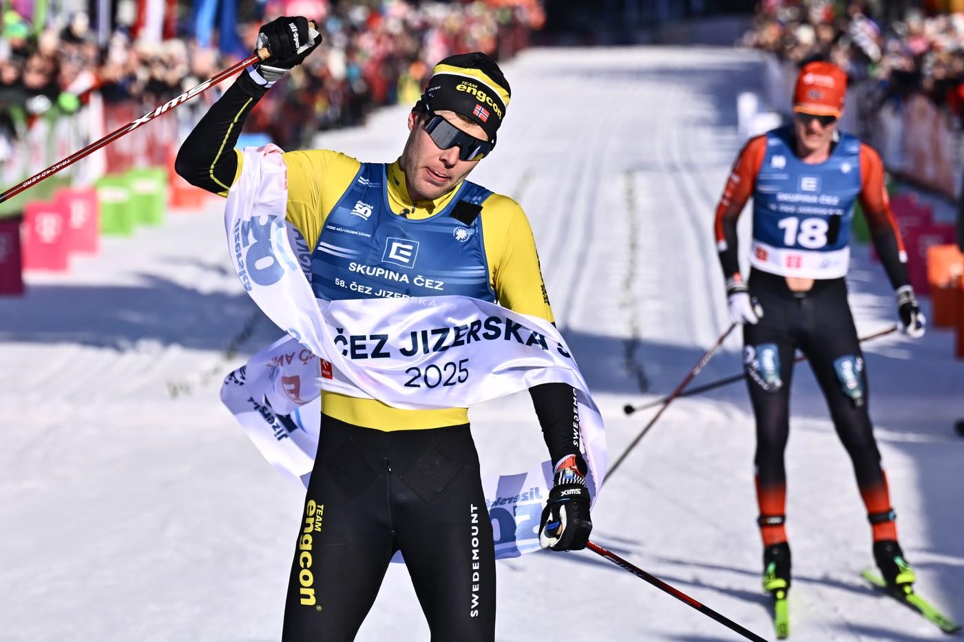 Jizerská padesátka, závod Ski Classics v dálkovém lyžování, 9. února 2025, Bedřichov, Jablonecko. Závod mužů vyhrál Ole Jørgen Bruvoll z Norska.